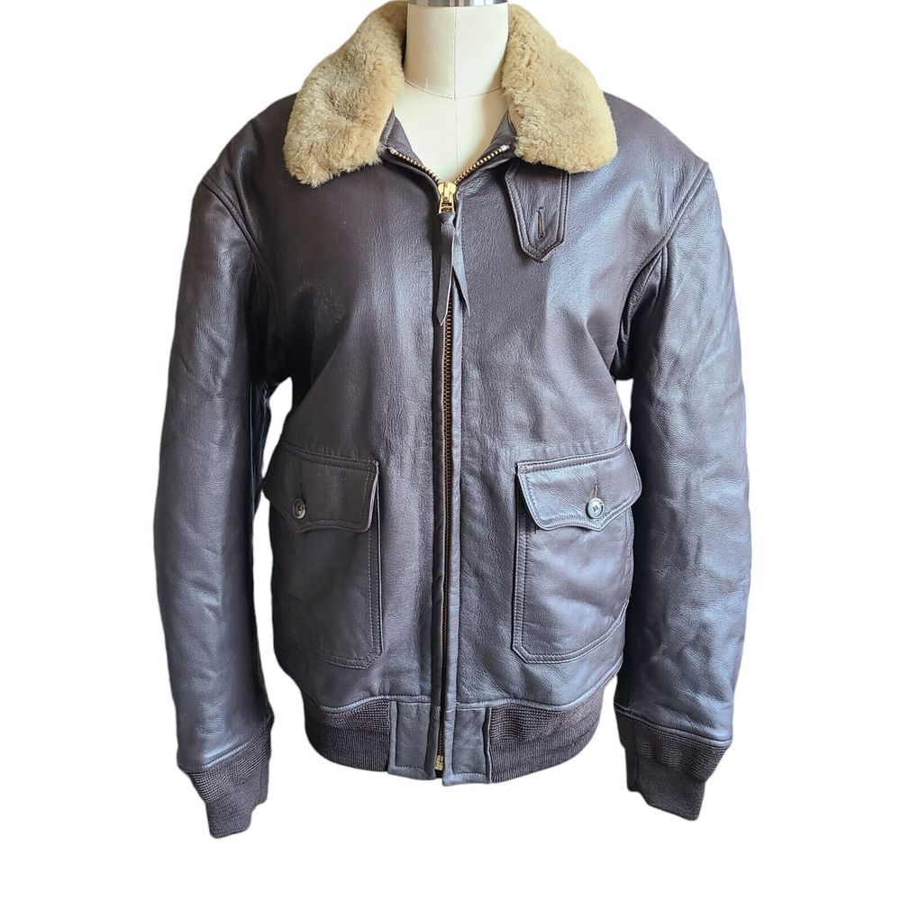 VTG G-1 Flight Aviator Bomber Shearling Mouton Collar  Leather‎ Jacket 42T Repro